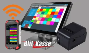 Gastronomie-Kassensystem mit Tablet, Handheld-Scanner und Bondrucker.