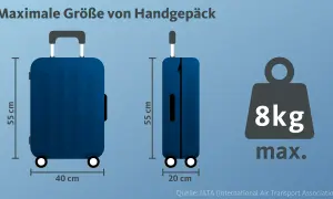 Zwei blaue Koffer (55x40x20 cm) und ein Gewichtssymbol (8kg max.).