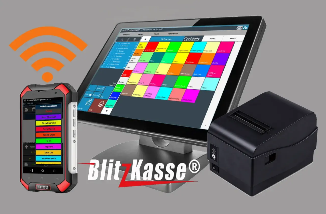 Gastronomie-Kassensystem mit Tablet, Handheld-Scanner und Bondrucker.